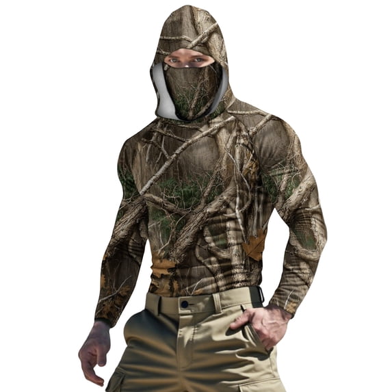 Sun Protection Shirt,Men's Hooded UPF 50+ Sun Protection T Shirts Long Sleeve Ice Silk Mask Tops Summer Casual Camouflage Rash Guard