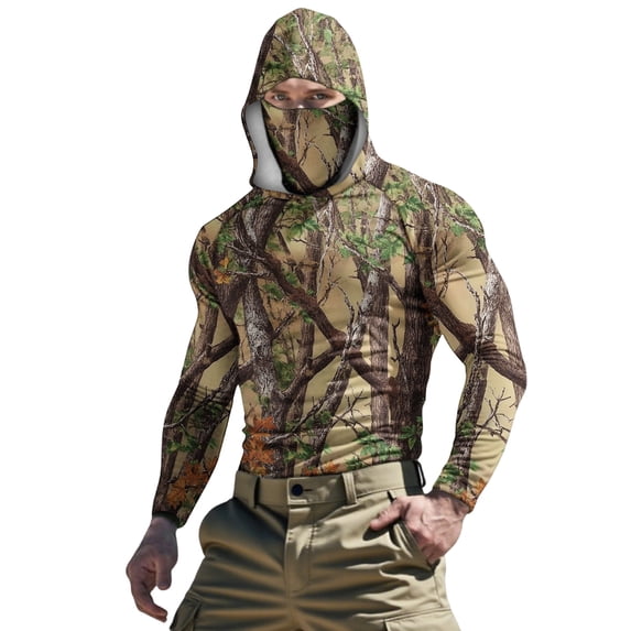 Sun Protection Shirt,Men's Hooded UPF 50+ Sun Protection T Shirts Long Sleeve Ice Silk Mask Tops Summer Casual Camouflage Rash Guard