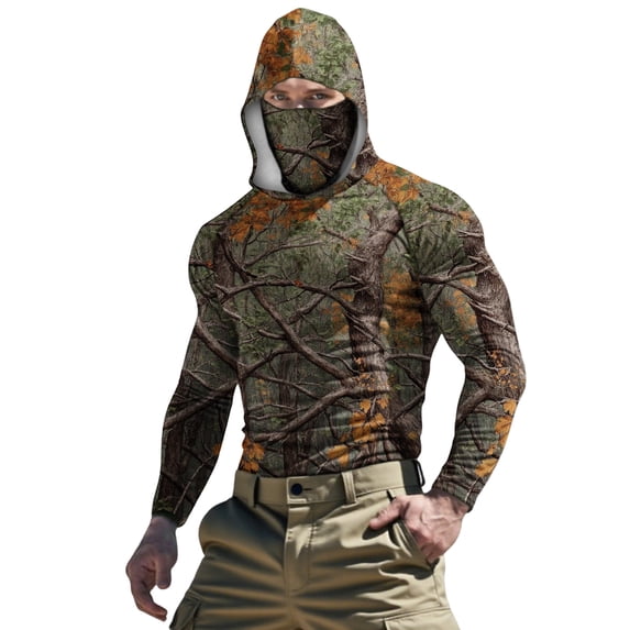 Sun Protection Shirt,Men's Hunting Shirts with Mask UPF 50+ Camo Long Sleeve Fishing Hoodie Shirt with Adjustable Drawstring
