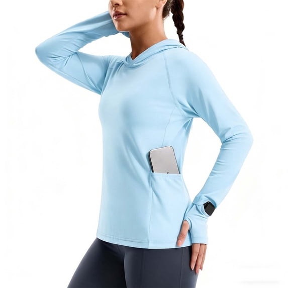 Sun Protection Shirts for Women Pullover Hooded Long Sleeve Rash Guard UPF 50+ Lightweight Breathable Shirt with Side Pockets for Hiking Walking Running