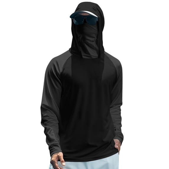 Sun Protection Shirts for Men Color Block UV UPF 50+ Hooded Fishing Shirt Summer Hiking Rash Guards with Face Cover