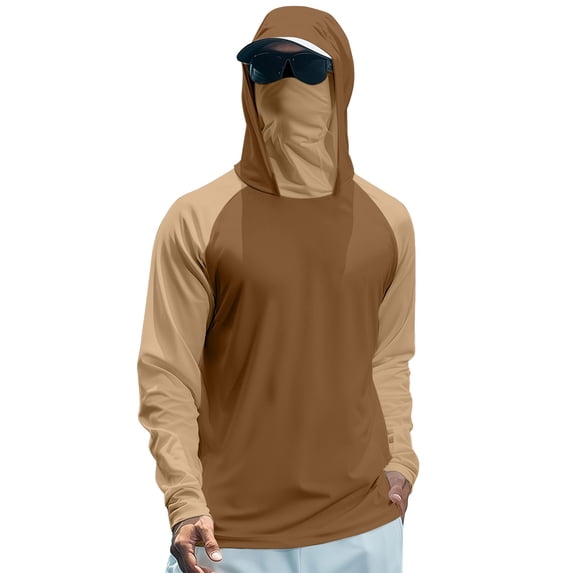 Sun Protection Shirts for Men Color Block UV UPF 50+ Hooded Fishing Shirt Summer Hiking Rash Guards with Face Cover