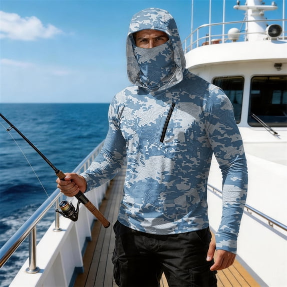 Sun Protection Shirts for Men UPF 50+ Sun Protection Hoodie Camo Long Sleeve Lightweight Fishing Shirt with Neck Gaiter