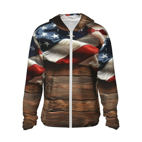 Sun Protection Shirts for Men/Women - Rustic American Flag Wood Long Sleeve Sun Hoodie Jacket for Fishing Running Hiking