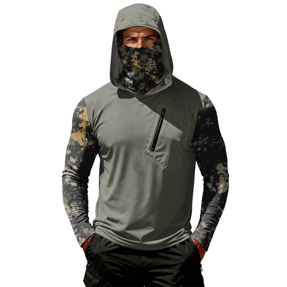 Sun Protection Shirts for Men with Face Mask and Chest Pockets UPF 50 Long Sleeve Lightweight Camo Fishing Hoodie SPF Rash Guard Shirt