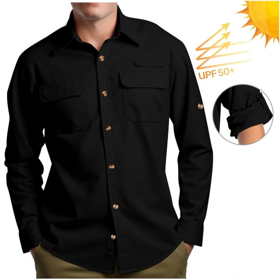Sun Protection Shirts for Men with Pockets UPF 50+ Long Sleeve Tshirts Shirt Button-Down Collared Casual Solid Color Breathable Hiking Fishing Tops