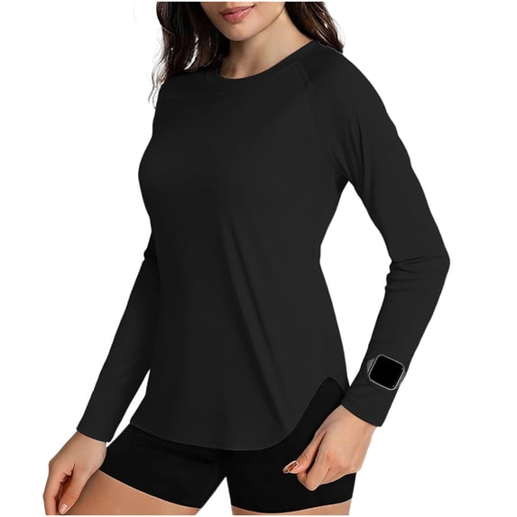 Sun Protection Shirts for Women UPF 50+ Summer Cool Pullover Plain Long Sleeve Breathable Gym Light Tees for Running Hiking Yoga Black S
