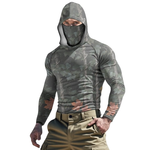 Sun Protection Tops,Fishing Shirts for Men Long Sleeve Hoodie with Face Mask Neck Gaiter Men's UPF 50+ Sun Protection Mens Rash Guard