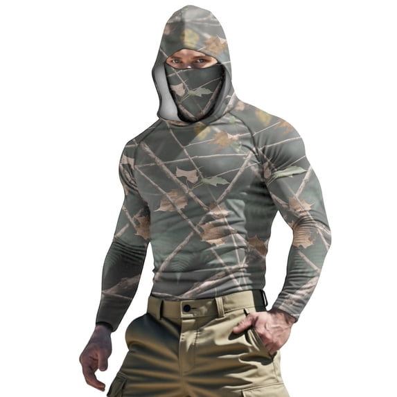 Sun Protection Tops,Fishing Shirts for Men Long Sleeve Hoodie with Face Mask Neck Gaiter Men's UPF 50+ Sun Protection Mens Rash Guard