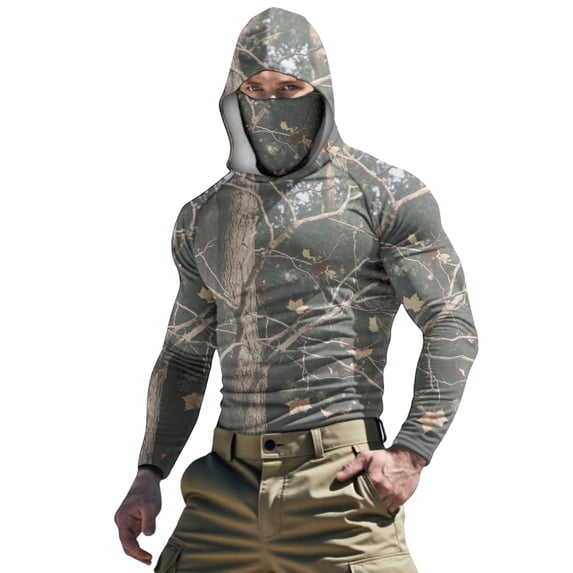 Sun Protection Tops,Men's Hunting Shirts with Mask UPF 50+ Camo Long Sleeve Fishing Hoodie Shirt with Adjustable Drawstring