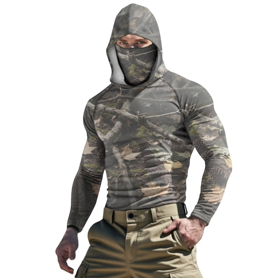 Sun Protection Tops,Men's Hunting Shirts with Mask UPF 50+ Camo Long Sleeve Fishing Hoodie Shirt with Adjustable Drawstring