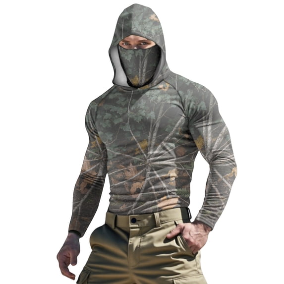 Sun Protection Tops,Men's Hunting Shirts with Mask UPF 50+ Camo Long Sleeve Fishing Hoodie Shirt with Adjustable Drawstring