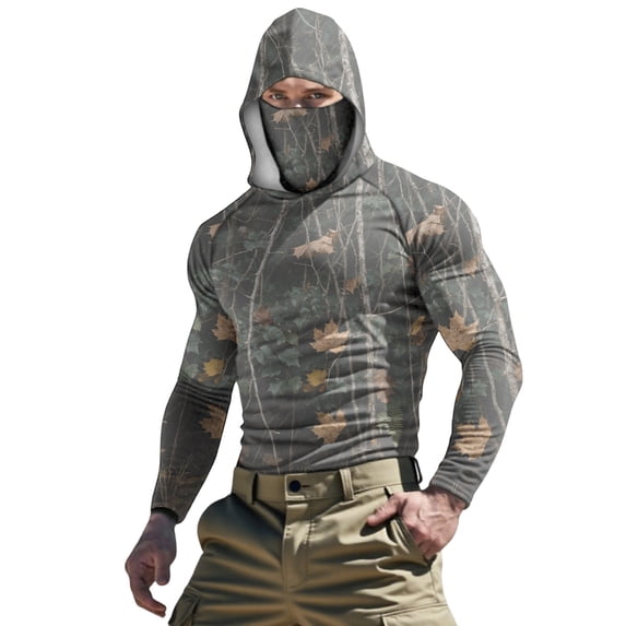 Sun Protection Tops,Men's Hunting Shirts with Mask UPF 50+ Camo Long Sleeve Fishing Hoodie Shirt with Adjustable Drawstring