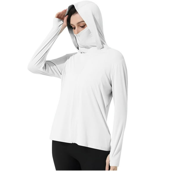 Sun Protection Women JacketsPlus Size Long Sleeve Hooded Lightweight Athletic Jackets Full Zip Hooded Long Sleeve Coats Summer Hiking Workout Sportwear with Pockets White L