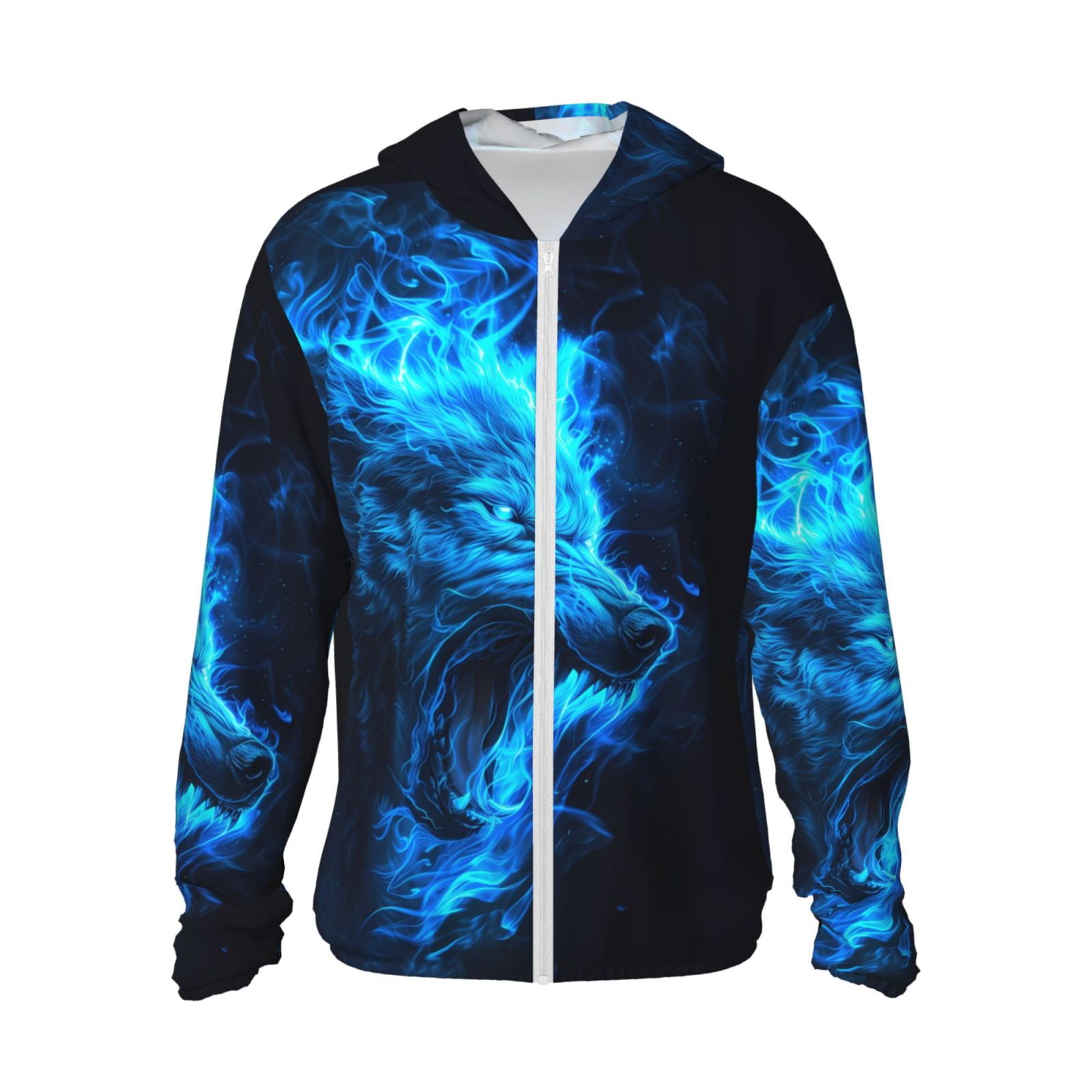 Sun Protection Zip Up Hoodie Jacket Blue Fire Wolf Stylish Long Sleeve Sun Shirt for Men Women with Pockets Long Sleeve Fishing Outdoor Shirts Walmart