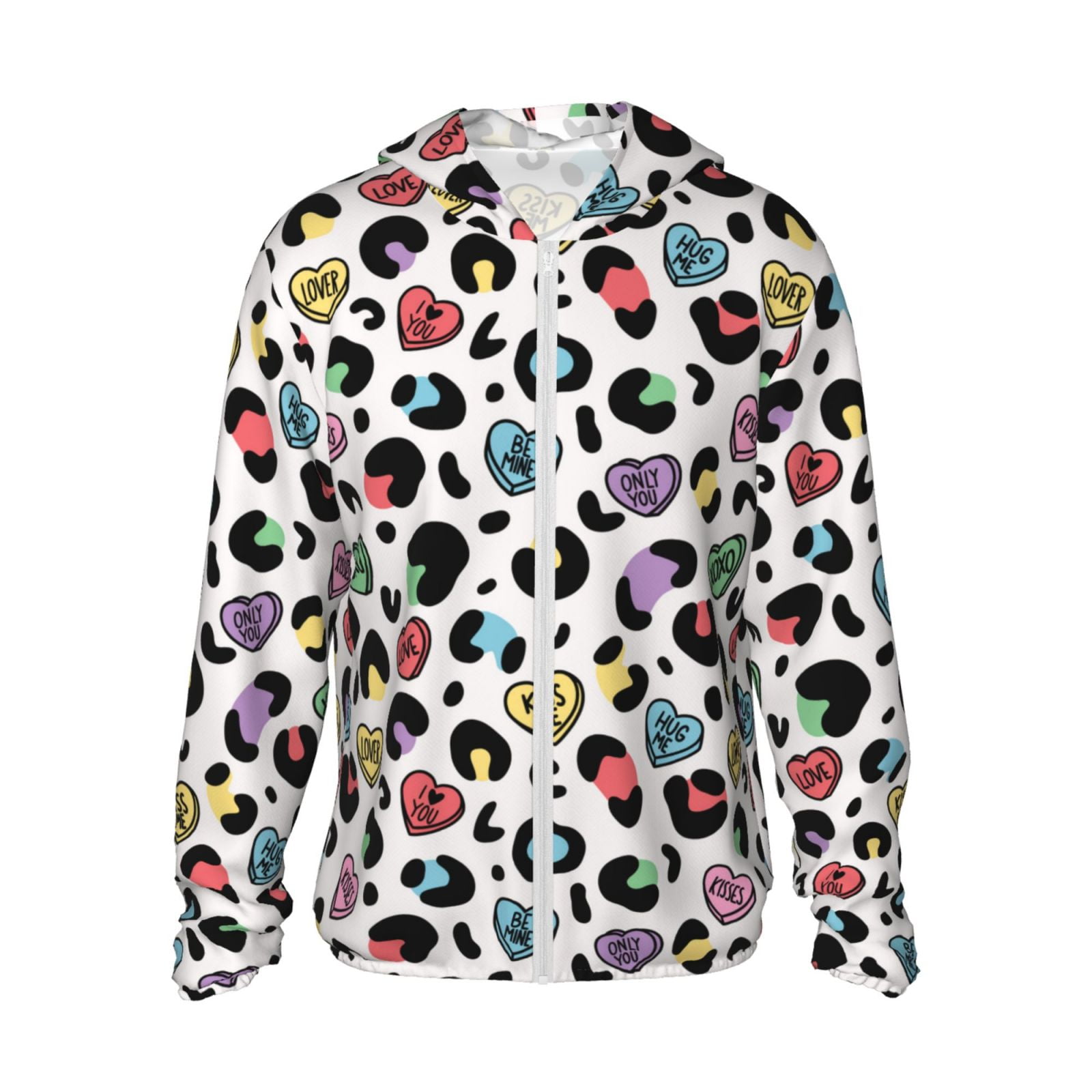 Sun Protection Zip Up Hoodie Jacket, leopard colorful love Hearts