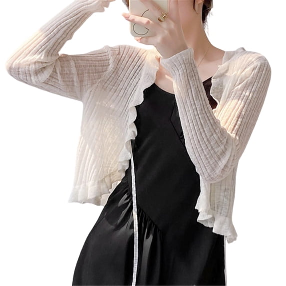 Sun Protective Cropped Cardigan for Women Long Sleeve Lightweight Ribbed Knit Top Tie Up V Neck Fitted Outwear Shirt
