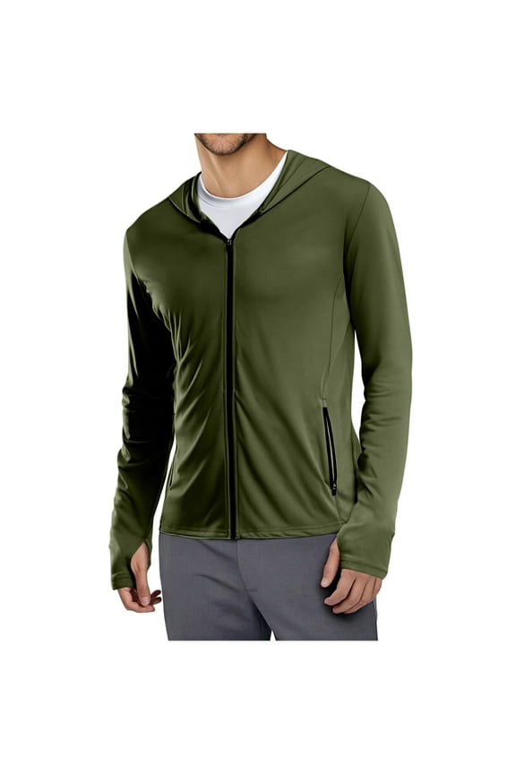 Sun-Protective Jacket for Men Zip up Hoooded Outdoor Jacket Fingerless-Gloved Long Sleeve Sun Shirts Pf 50+ Light Fishing and Hiking Shirts with Zipper Pockets Army Green S