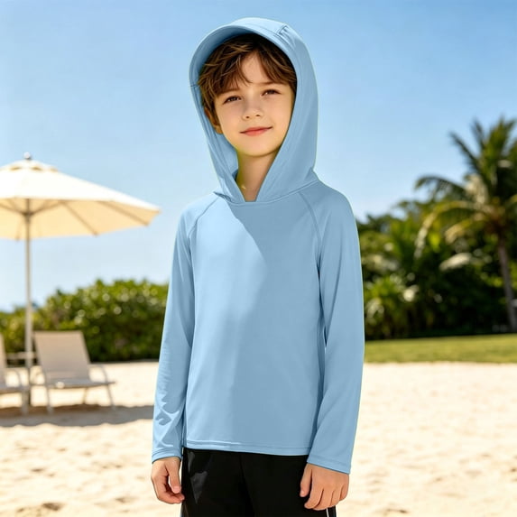 Sun Protective Long Sleeve Beach Top for Boys Lightweight Hooded Rash Guard Style Sun Safe Daily Wear Outdoor Ready Top