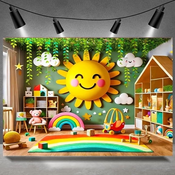 Sun and Rainbow Photography Background Preschool Kindergarten Classroom Party Decoration Children Birthday Portrait Backdrop Clouds Greenery Baby Shower Background