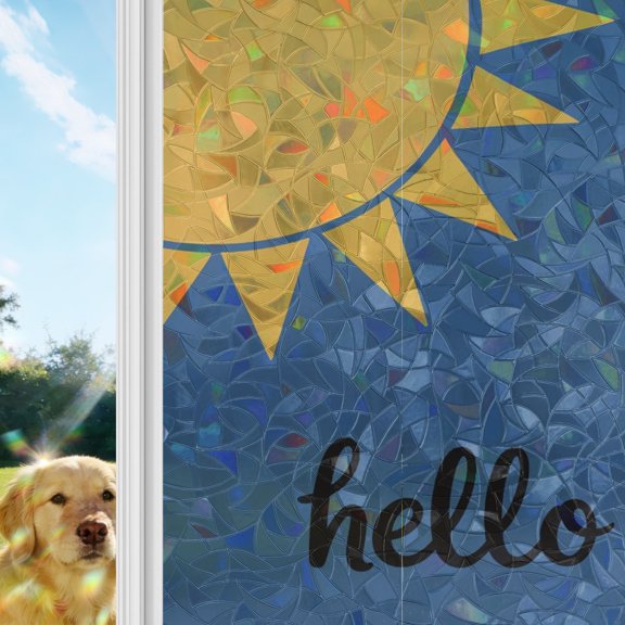 Sun Rainbow Window Privacy Film, Hello Cartoon Minimalist Stained Glass Window Film, Sun Blocking Glass Clings Static Cling Non Adhesive Door Stickers 17.7 x 39.3 Inches
