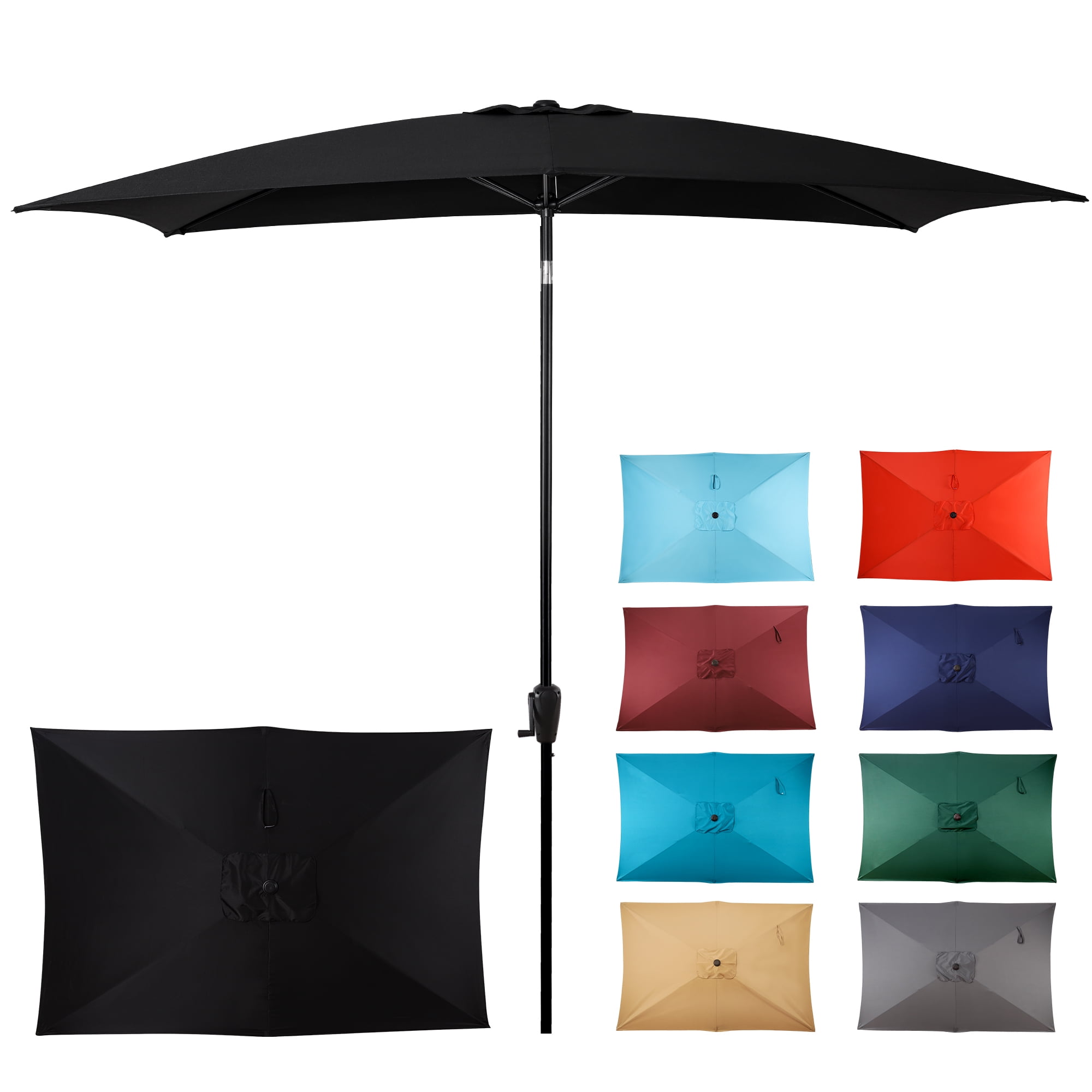 Black Rectangular Steel Market Patio Umbrella with Crank Lift and Push-Button Tilt