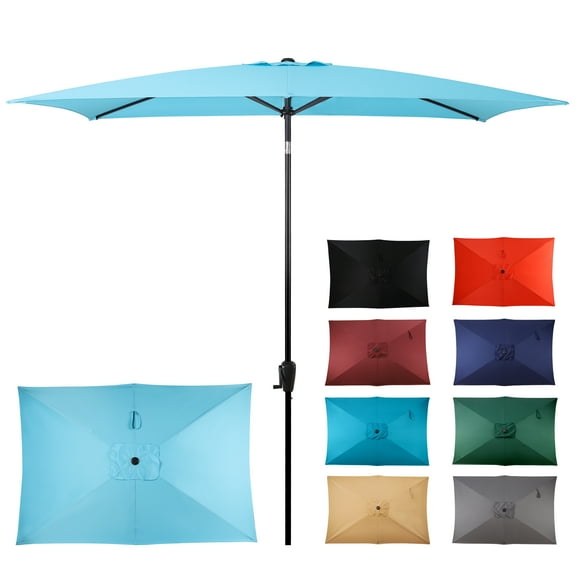 Sun-Ray 6.6x10 FT Rectangular Patio Umbrella with Push-Button Tilt and Hand Crank Canopy Lift, Table Umbrella with Solution Dyed Navy Fabric for Porch, Deck, Garden, and Swimming Pool, Aqua