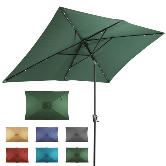 Sun-Ray 6.6x10 FT Solar LED Rectangular Patio Umbrella with Push-Button Tilt and Hand Crank Canopy Lift, Table Umbrella with Solution Dyed Navy Fabric for Porch, Deck, Garden, and Swimming Pool, Green