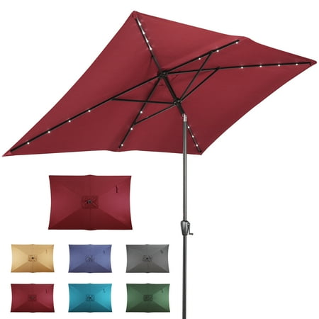 Sun-Ray 6.6x10 FT Solar LED Rectangular Patio Umbrella with Push-Button Tilt and Hand Crank Canopy Lift, Table Umbrella with Solution Dyed Navy Fabric for Deck, Garden, and Swimming Pool, Burgundy