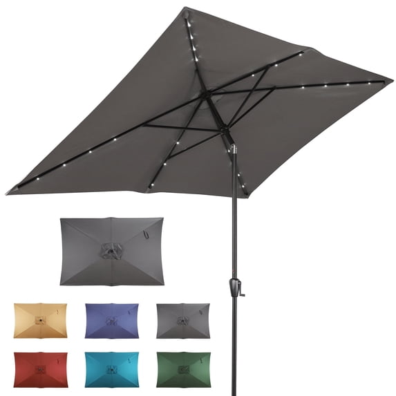 Sun-Ray 6.6x10 FT Solar LED Rectangular Patio Umbrella with Push-Button Tilt and Hand Crank Canopy Lift, Table Umbrella with Solution Dyed Navy Fabric for Porch, Deck, Garden, and Swimming Pool, Grey