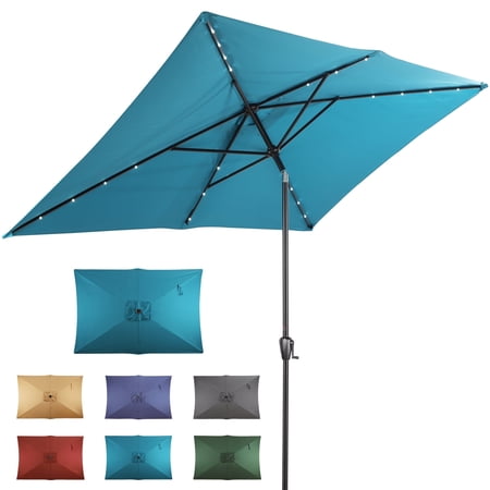 Sun-Ray 6.6x10 FT Solar LED Rectangular Patio Umbrella with Push-Button Tilt and Hand Crank Canopy Lift, Table Umbrella with Solution Dyed Navy Fabric for Porch, Deck, Garden, and Swimming Pool, Teal