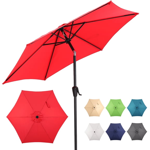 Sun-Ray 7.5 Steel 6 Rib Solid Color, Non Solution Dyed Polyester, Crank and Tilt - Bright Red