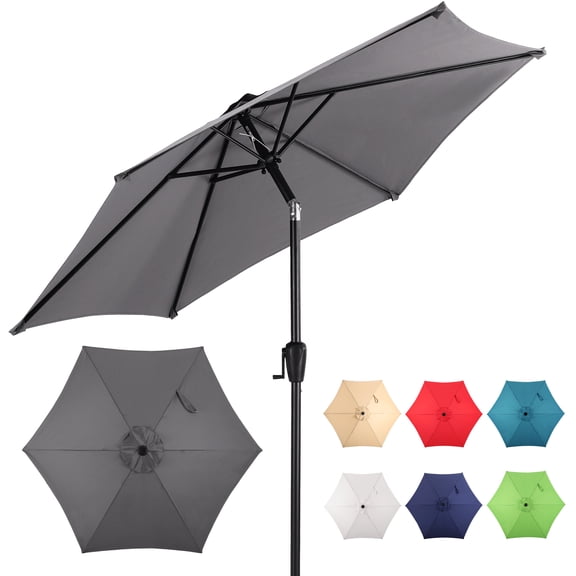 Sun-Ray 7.5 Steel 6 Rib Solid Color, Non Solution Dyed Polyester, Crank and Tilt - Grey