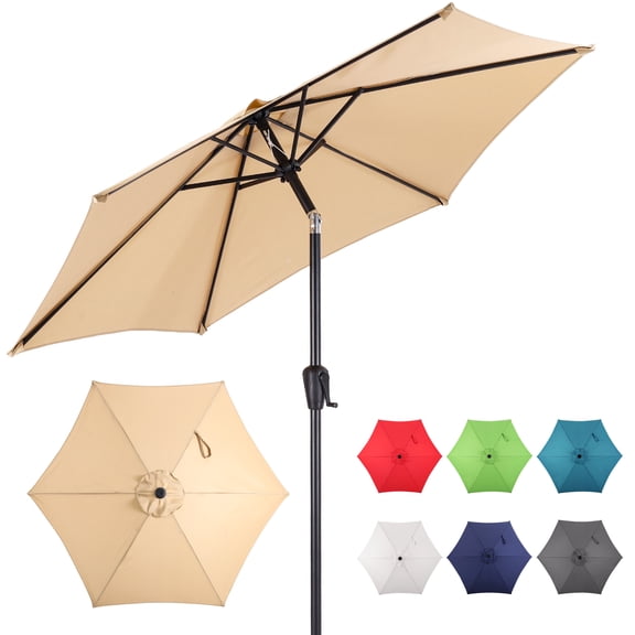 Sun-Ray 7.5 Steel 6 Rib Solid Color, Non Solution Dyed Polyester, Crank and Tilt - Taupe