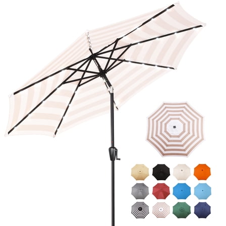 Sun-Ray 9 FT 32 LED Patio Solar Umbrella w/ Push Button Tilt and Crank Outdoor Umbrella, 8 Sturdy Ribs, UV Protection, Solution-Dyed Fabric, Beige and White Stripe