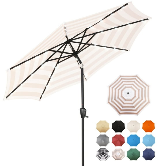 Sun-Ray 9 FT 32 LED Patio Solar Umbrella w/ Push Button Tilt and Crank Outdoor Umbrella, 8 Sturdy Ribs, UV Protection, Solution-Dyed Fabric, Beige and White Stripe