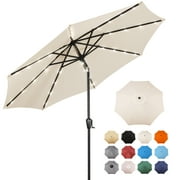 Sun-Ray 9 FT 32 LED Patio Solar Umbrella w/ Push Button Tilt and Crank Outdoor Umbrella, 8 Sturdy Ribs, UV Protection, Solution-Dyed Fabric, Creamy Beige