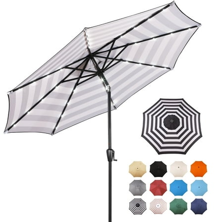 Sun-Ray 9 FT 32 LED Patio Solar Umbrella w/ Push Button Tilt and Crank Outdoor Umbrella, 8 Sturdy Ribs, UV Protection, Solution-Dyed Fabric, Black and White Stripe