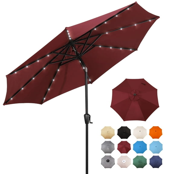 Sun-Ray 9 FT 32 LED Patio Solar Umbrella w/ Push Button Tilt and Crank Outdoor Umbrella Burgundy