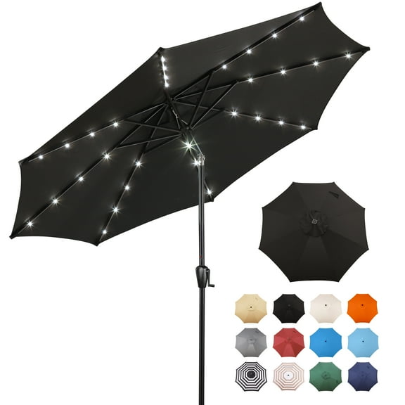 Sun-Ray 9 FT 32 LED Patio Solar Umbrella w/ Push Button Tilt and Crank Outdoor Umbrella Black