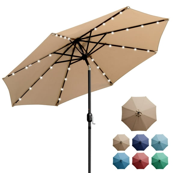 Sun-Ray 9 FT 32 LED Patio Solar Umbrella w/ Push Button Tilt and Crank Outdoor Umbrella Taupe