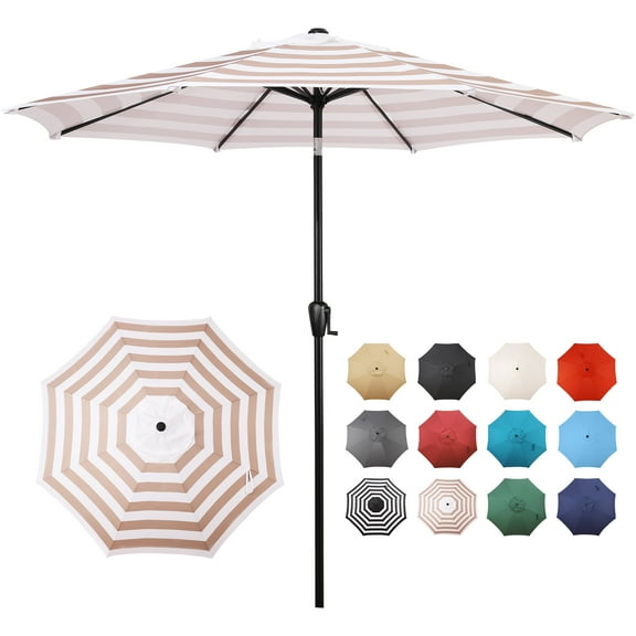 Sun-Ray 9 FT Patio Umbrella w/ Push Button Tilt and Crank Outdoor Umbrella, 8 Sturdy Ribs, UV Protection, Solution-Dyed Fabric, Beige and White Stripe
