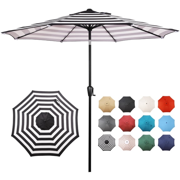 Sun-Ray 9 FT Patio Umbrella w/ Push Button Tilt and Crank Outdoor Umbrella, 8 Sturdy Ribs, UV Protection, Solution-Dyed Fabric, Black and White Stripe
