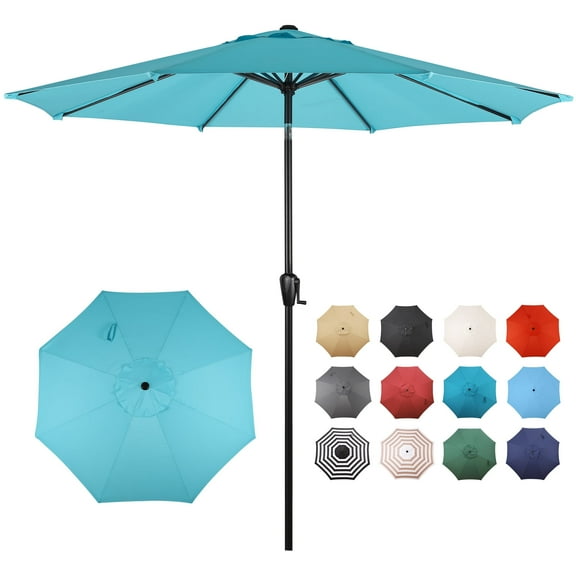 Sun-Ray 9 FT Patio Umbrella w/ Push Button Tilt and Crank Outdoor Umbrella, 8 Sturdy Ribs, UV Protection, Solution-Dyed Fabric, Aqua
