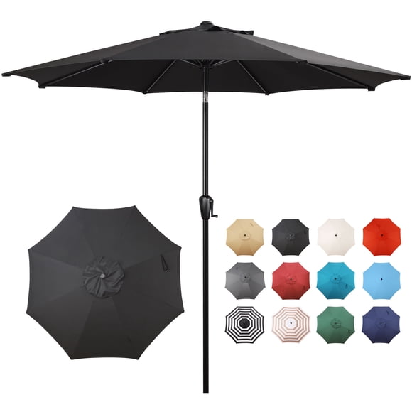 Sun-Ray 9 FT Patio Umbrella w/ Push Button Tilt and Crank Outdoor Umbrella, 8 Sturdy Ribs, UV Protection, Solution-Dyed Fabric, Black