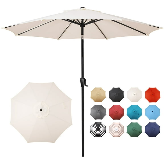 Sun-Ray 9 FT Patio Umbrella w/ Push Button Tilt and Crank Outdoor Umbrella, 8 Sturdy Ribs, UV Protection, Solution-Dyed Fabric, Creamy Beige