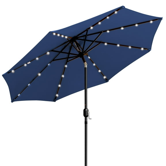Sun-Ray 9 FT 32 LED Patio Solar Umbrella w/ Push Button Tilt and Crank Outdoor Umbrella, 8 Sturdy Ribs, UV Protection, Solution-Dyed Fabric, Navy