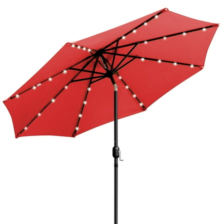 Sun Ray - 9' Round Solar Lighted Umbrella - Scarlet