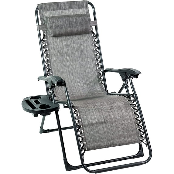 Sun-Ray Oversized Patio Chair with Leg Stabilizers and Big Cupholder, Adjustable Zero Gravity Folding Reclining Outdoor Chair with Pillow, Grey
