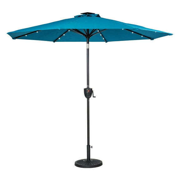 Sun-Ray Solar Lighted Outdoor Umbrella, LED Strip Lights, Crank, 9 Ft, Teal